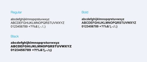 Arial font weights in regular, bold and black