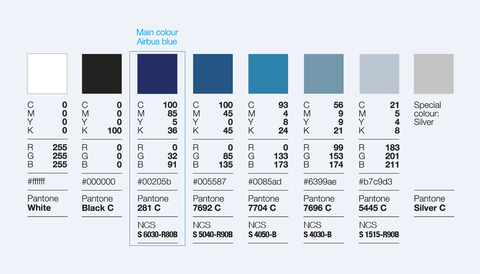 8 main brand colours including the main colour Airbus blue