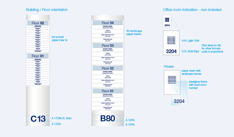 Unbranded floor wayfinding signs and office room indication proportions and layout