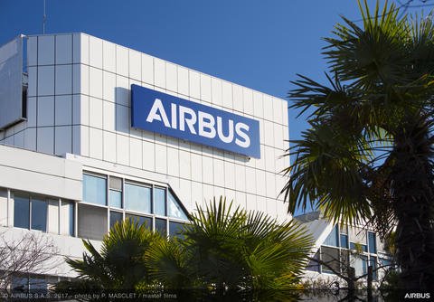 Airbus logo displayed on a building in Blagnac