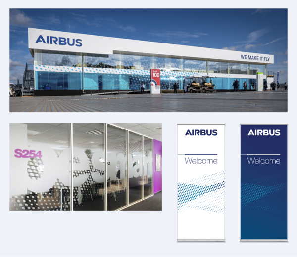 Carbon grid on glass facade, glass partition and Roll-ups Carbon grid on glass facade, glass partition and Roll-ups