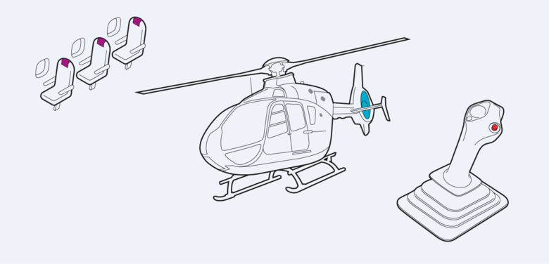 Airline seats, helicopter, flight control stick Airline seats, helicopter, flight control stick