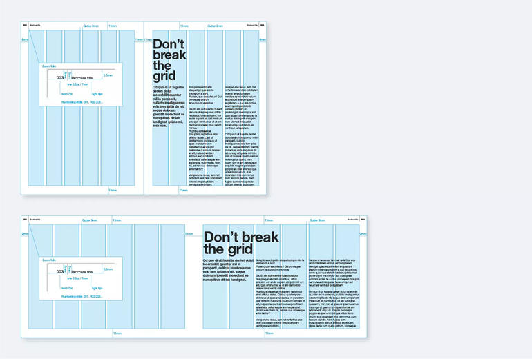 Layout grid dimensions for A5 portrait and landscape brochures Layout grid dimensions for A5 portrait and landscape brochures